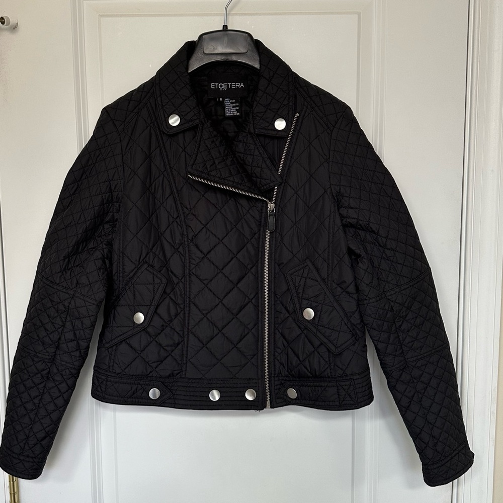 Etcetera Designer Womens Black Quilted Moto Jacket Size 6 Biker Coat Zippers